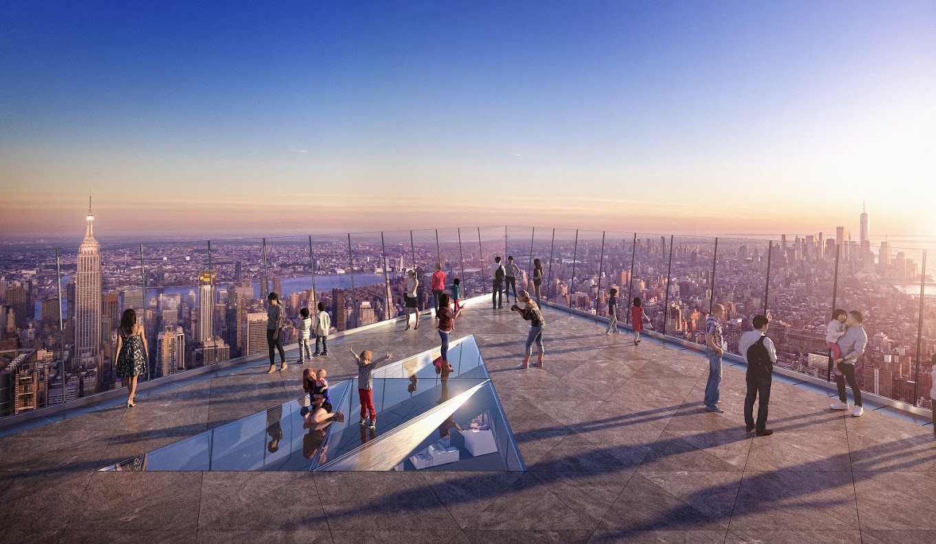 People take in vast, clear views of the NYC skyline at the top of the Edge.