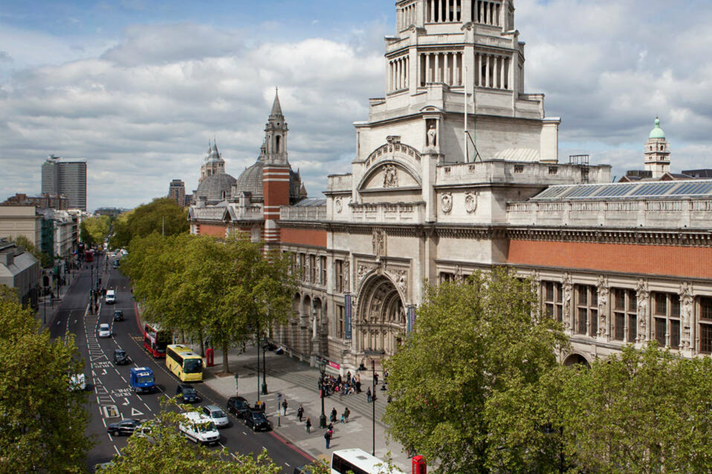 The exterior of the Victoria & Albert Museum, a grand white four-story building.
