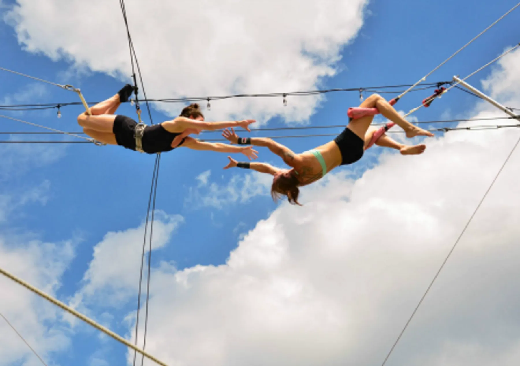 Two women on trapeze bars reach for one another in the air.