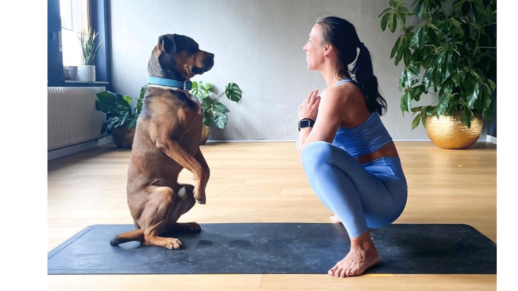 woman doing Yoga with brown dog
